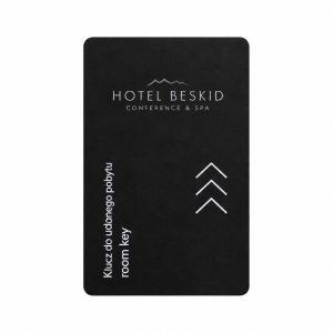 Matte black Hotel Beskid Conference and Spa room key card with mountain logo and white arrows