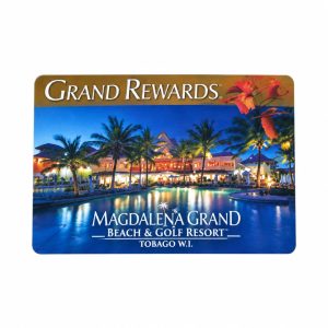 Magdalena Grand Beach and Golf Resort key card with full-colour resort photo print and gold rewards banner