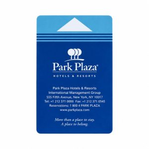 Blue Park Plaza Hotels and Resorts key card with white tree logo and contact details