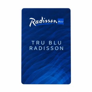 Radisson Blu Tru Blu room key card with dark blue wave texture and script logo