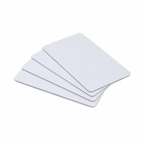 Four blank white IC cards laid out slanted with rounded corners visible