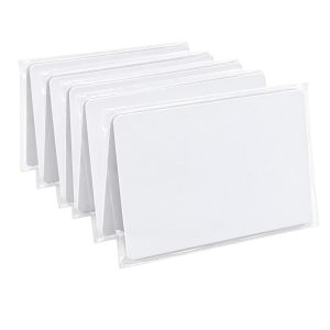 Blank white IC cards in sealed protective sleeves, stacked and slanted