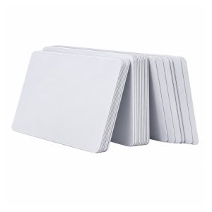 Slim slanted deck of blank white IC cards showing the top card face