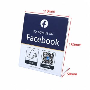 Navy NFC Facebook follow stand 110x200 mm with tap and scan QR instructions on white background