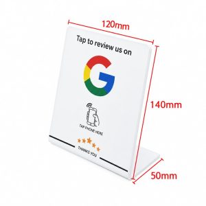 NFC Google Review Stand 120×190 mm — White Acrylic Table Tent