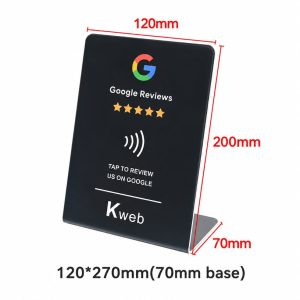 Black L-shaped NFC Google review stand 120x270 mm with red size annotations on white background