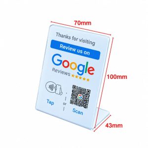 Mini NFC Google review stand 70x143 mm with tap or scan icons on white background