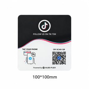 Square 100x100 mm black-and-white NFC TikTok follow tag with tap and scan QR instructions on white background