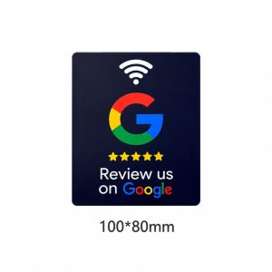 Dark navy NFC Google review badge 100x80 mm with white signal icon and minimal layout on white background