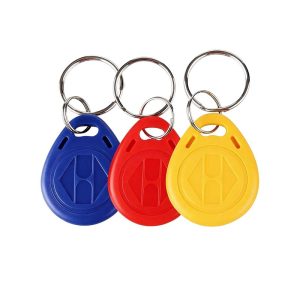 Four ABS RFID key fobs in red, yellow and blue arranged in a fan