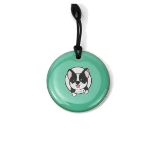 Mint green round pet tag with corgi dog portrait and black lanyard