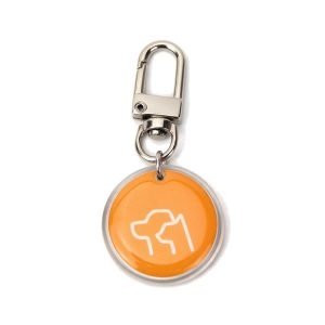 Orange round pet tag with white dog line art, lobster clasp and chain