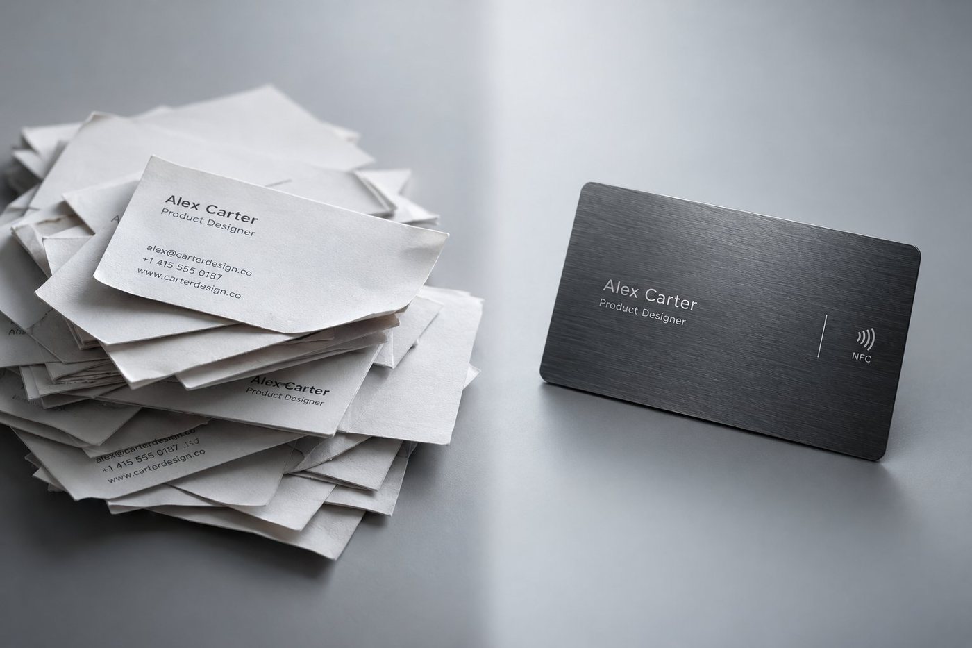 NFC business card beside a stack of paper business cards