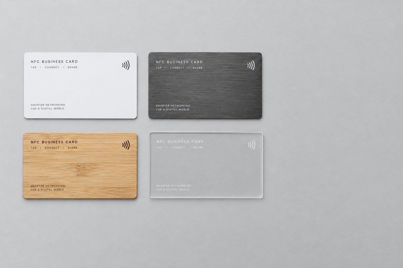 NFC business cards in PVC, metal, wood and acrylic finishes