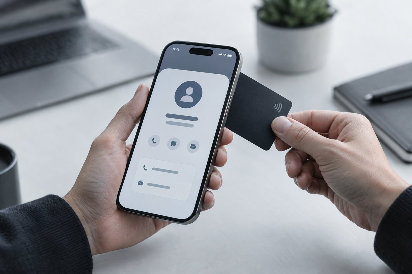 Tapping an NFC business card on a phone saves the contact instantly