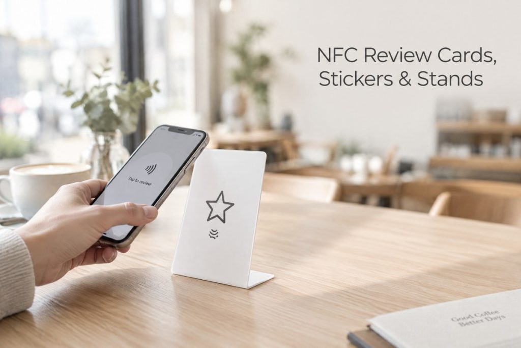 Customer tapping an NFC review stand with a smartphone in a cafe