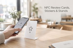 Customer tapping an NFC review stand with a smartphone in a cafe
