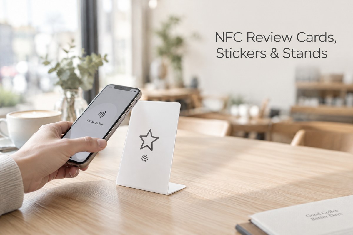 Customer tapping an NFC review stand with a smartphone in a cafe