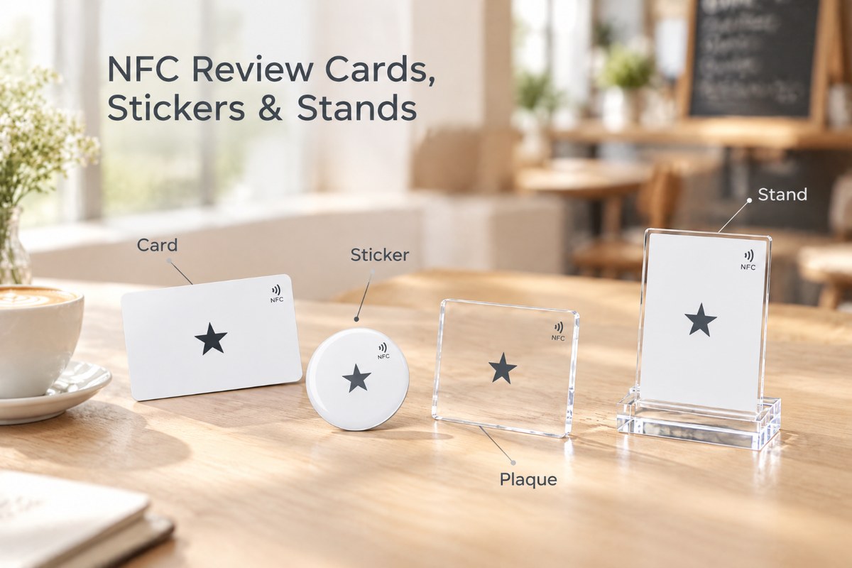 Four NFC review product formats: PVC card, dome sticker, acrylic plaque and counter stand