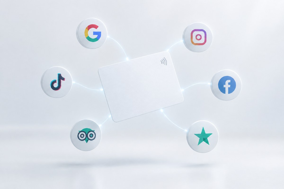 One NFC card linking to Google, Tripadvisor, Trustpilot, Facebook, Instagram and TikTok