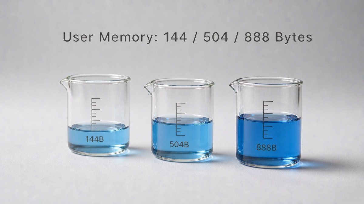 User memory comparison: NTAG213 144 bytes, NTAG215 504 bytes, NTAG216 888 bytes