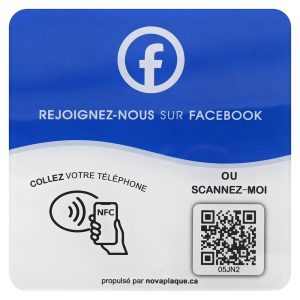 Blue French NFC Facebook follow desk tag with logo and QR instructions