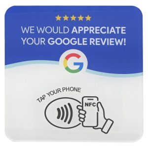 White square NFC Google review desk tag with curve artwork and QR code