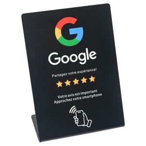 Black NFC Google review card with five stars and QR code