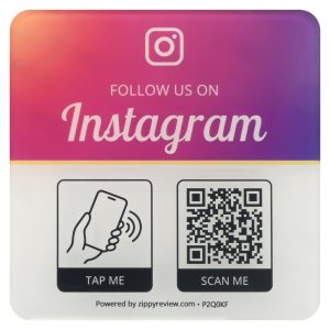 NFC card with Instagram gradient artwork and follow-us message