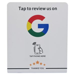 Minimal white NFC Google review card with tap-to-review artwork