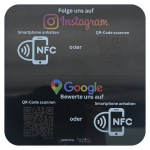 Black multi-platform NFC card with Instagram, Google, Viber icons and QR code