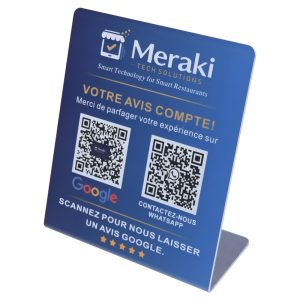 Blue Meraki NFC review stand with twin QR codes and notes-are-complete message