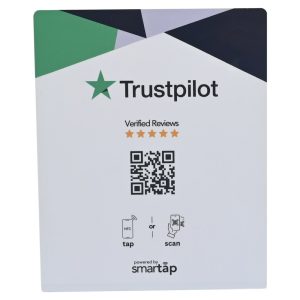 White Trustpilot NFC review stand with acrylic panel and review artwork