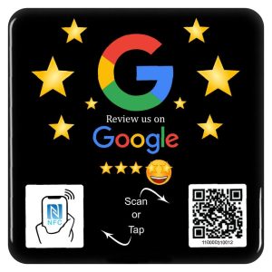 Square 80x80 mm black NFC Google review tag with five stars and scan QR panel