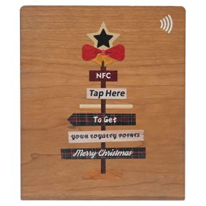 Wooden NFC menu board with tap-here artwork and coloured NFC badge