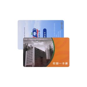 Printed school campus student ID card, orange curve design with campus photo