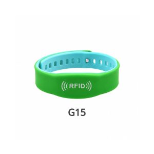 Mint green silicone RFID wristband G15 with oval white chip panel
