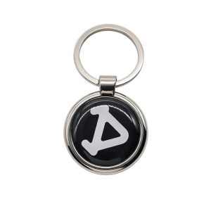 Black metal frame epoxy key fob with white triangle A logo