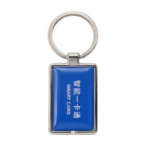 Navy metal frame epoxy key fob with vertical Chinese smart card print