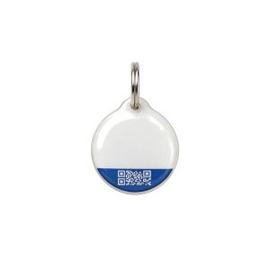 White and blue mini round pet tag with QR code and steel keyring
