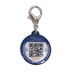 Navy round pet ID tag with white QR code and NFC signal print