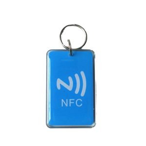 Blue rectangle NFC epoxy key tag with NFC logo and steel keyring