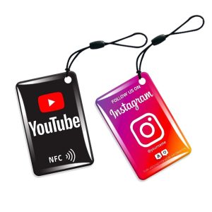 YouTube and Instagram NFC epoxy cards in credit card shape with phone lanyards